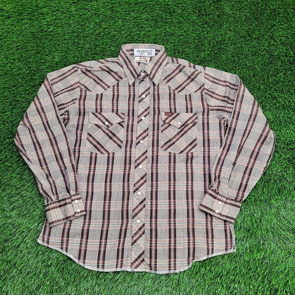 Vintage 80s Wrangler Western Shirt Large 22x27 Brown Plaid